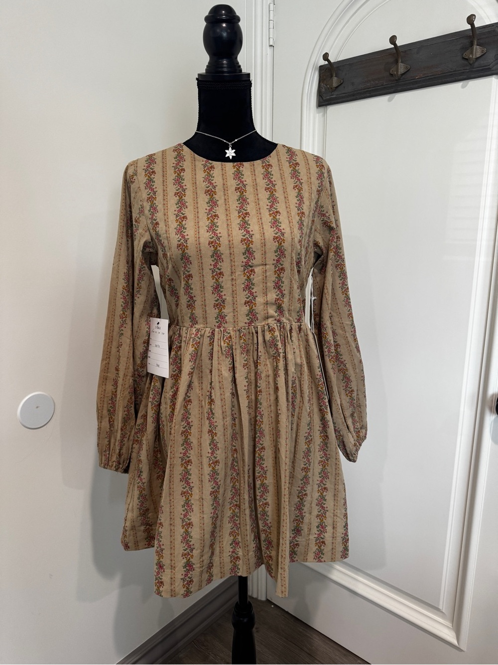 Beige Floral-Stripe Long Sleeve Mini Dress